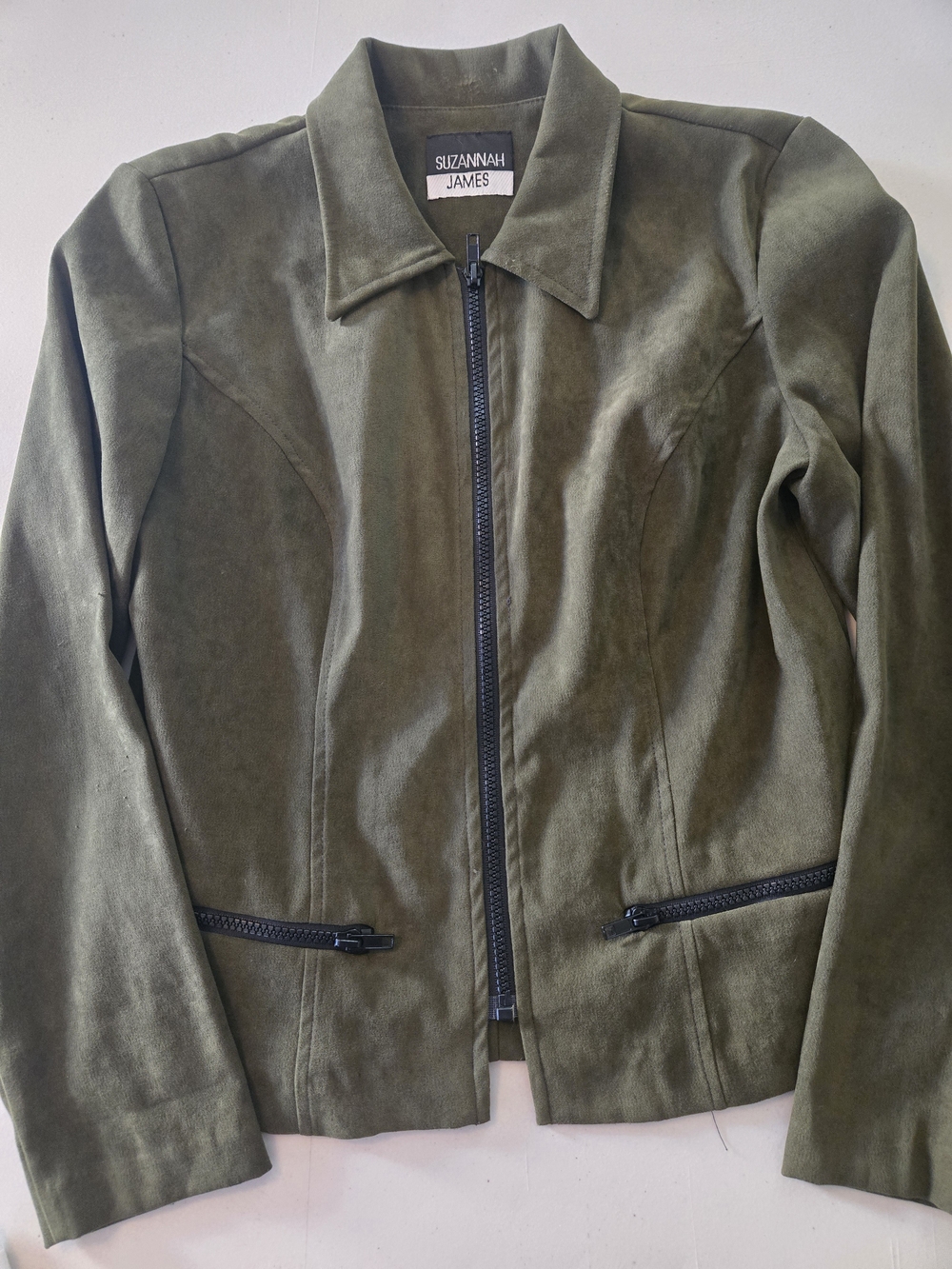 Susannah James Olive Green Faux Suede Zip Jacket - Size XS